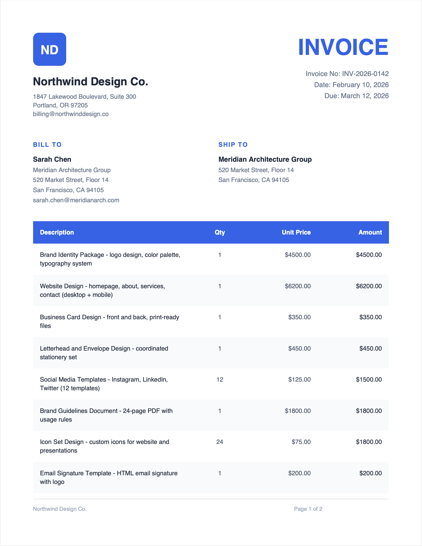 Invoice PDF generated with Forme using JSX and React components