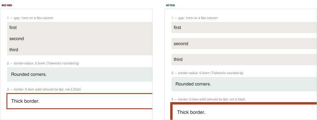Three CSS declarations before and after: a flex gap, rounded corners, and a thick border